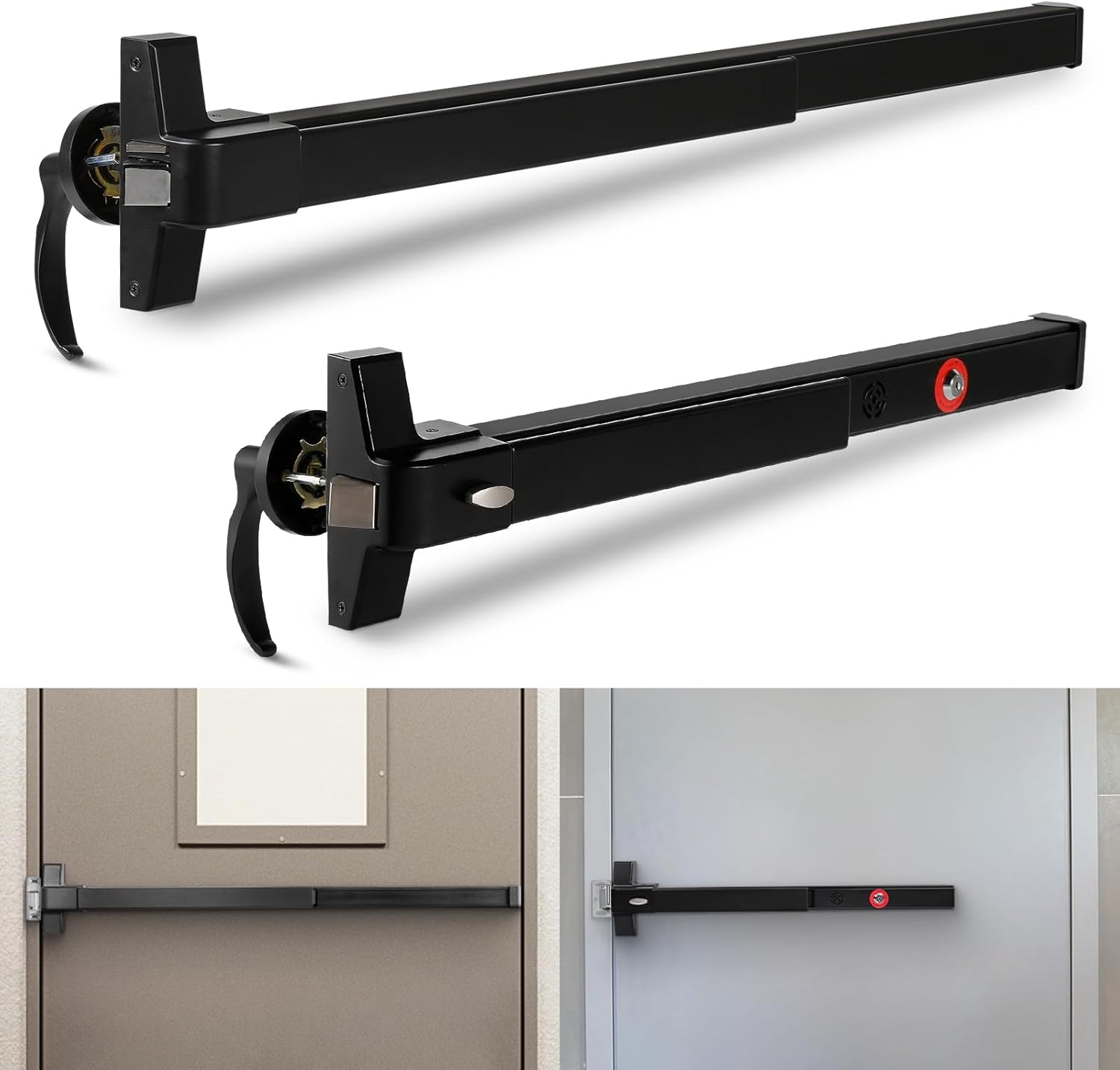IRONWALLS 41” Commercial Door Push Bar Panic Exit Device with Door Lever & 27.5” Panic Bar with Alarm Door Handle, Heavy Duty Stainless Steel Panic Door Hardware, Black