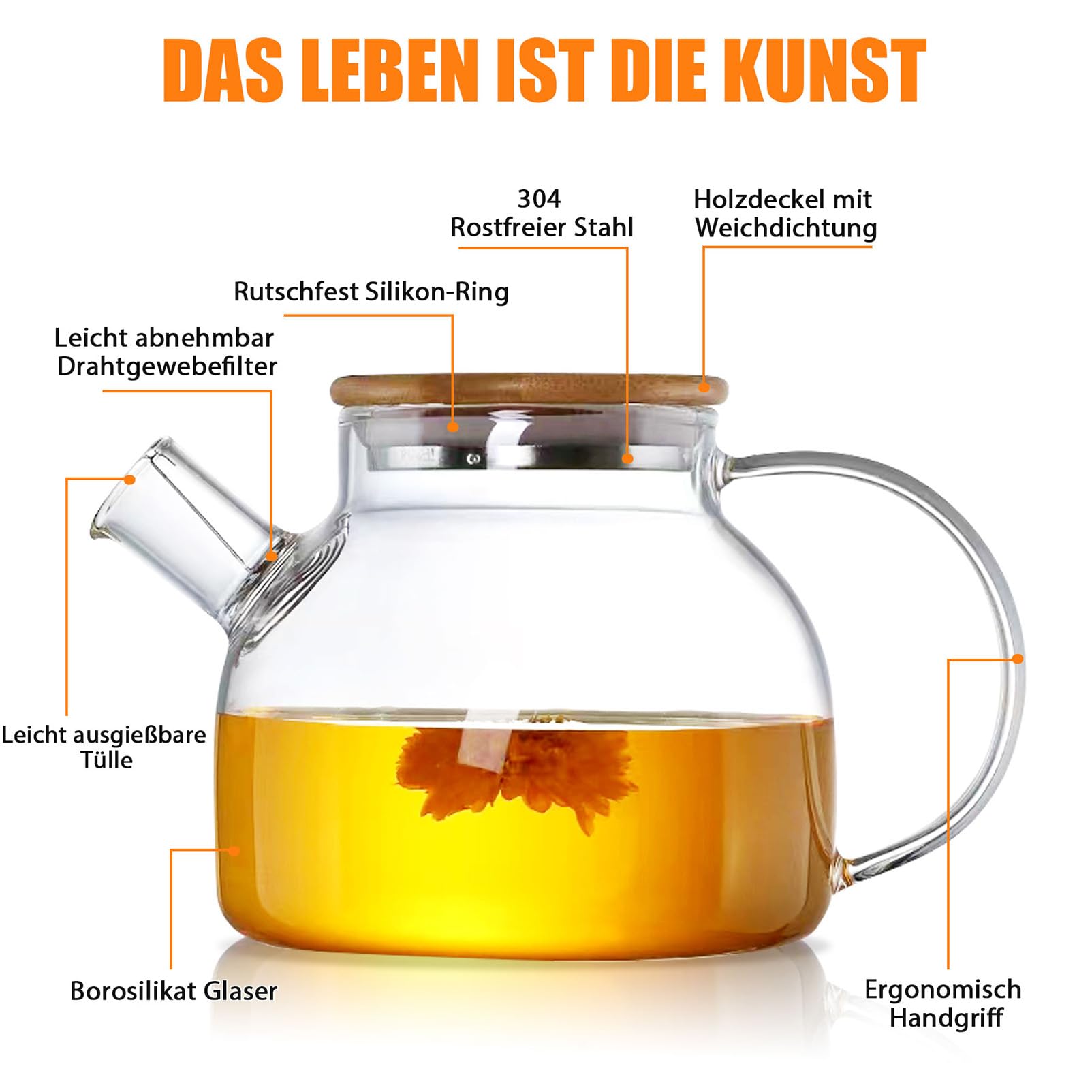 Teiera con colino, 1000 ml, in vetro con coperchio in legno, resistente al calore, con filtro rimovibile, design moderno ed elegante per tè, tè e succo di fiori