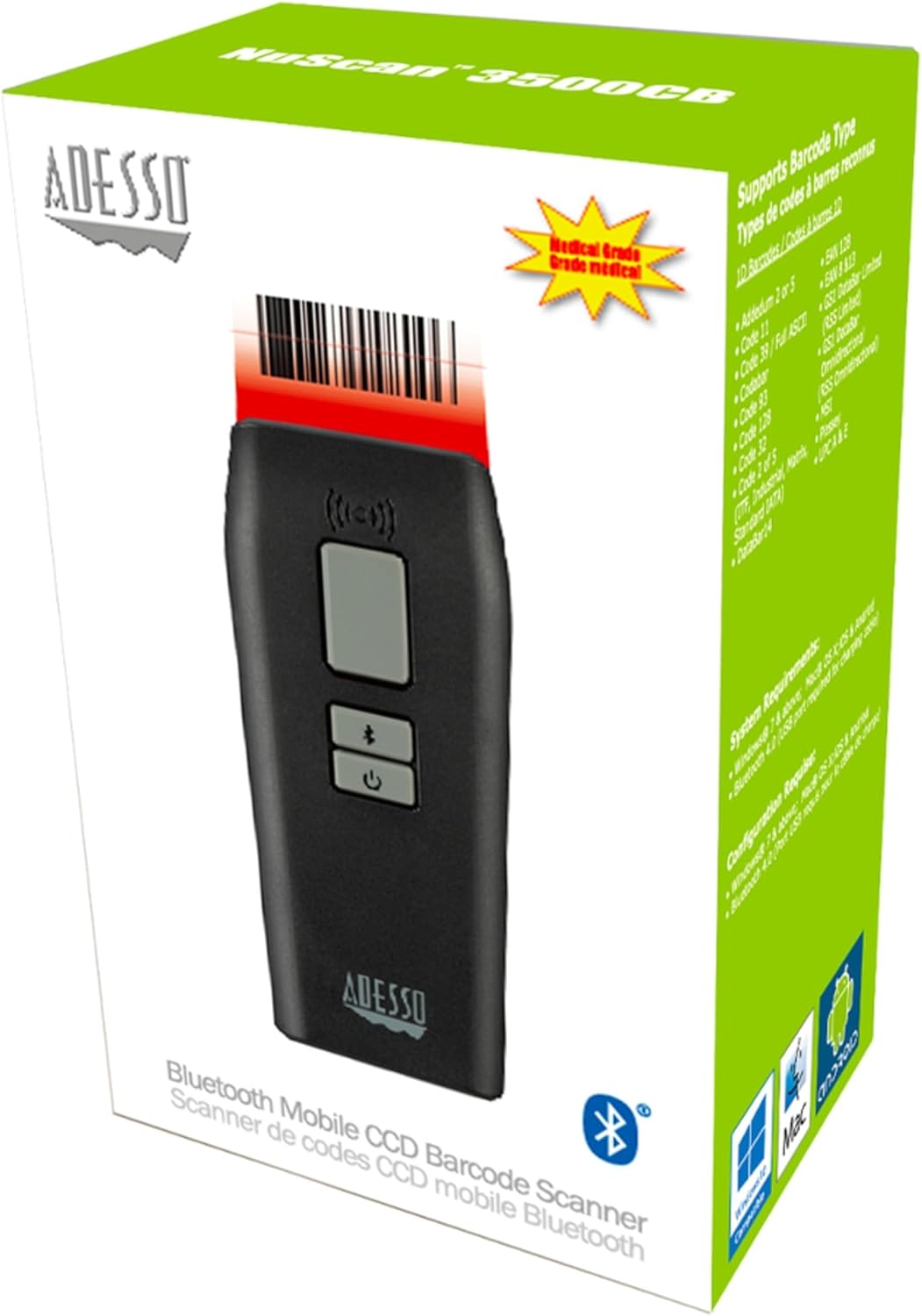 Adesso NuScan Portable 1d Wireless Barcode Scanner, 3500CB