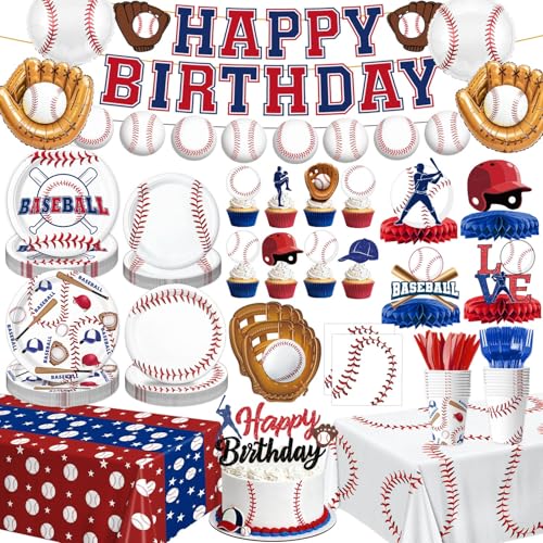 Baseball Birthday Decorations Set Includes Plates, Napkins, Cups, Cutlery, Toppers, Banner, Hanging Swirls, Tablecloths, Honeycomb Centerpieces, Foil Balloons for Baseball Party Decorations, Serves 24
