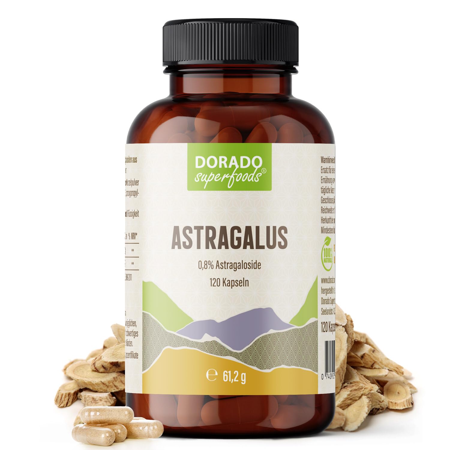 Astragalus membranaceus | 120 x Kapseln - 1640 mg Tagesdosis | Wurzelpulver - Vegi | 1 Monatspackung - Dorado Superfoods®
