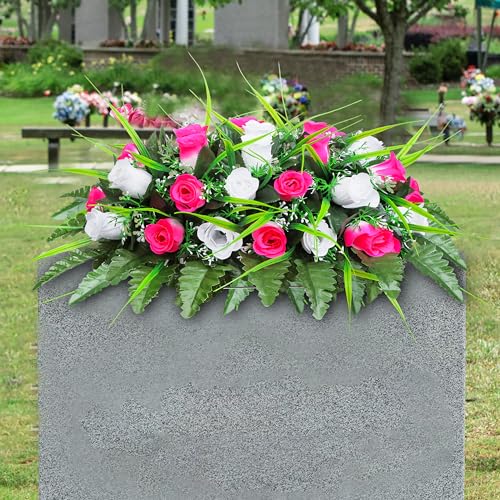 LVXINLI Artificial Cemetery Flower-Outdoor Grave Saddle Headstone Decorations,Pink and White Rose Memorial Day Flowers for gravesite (Pink and White)…