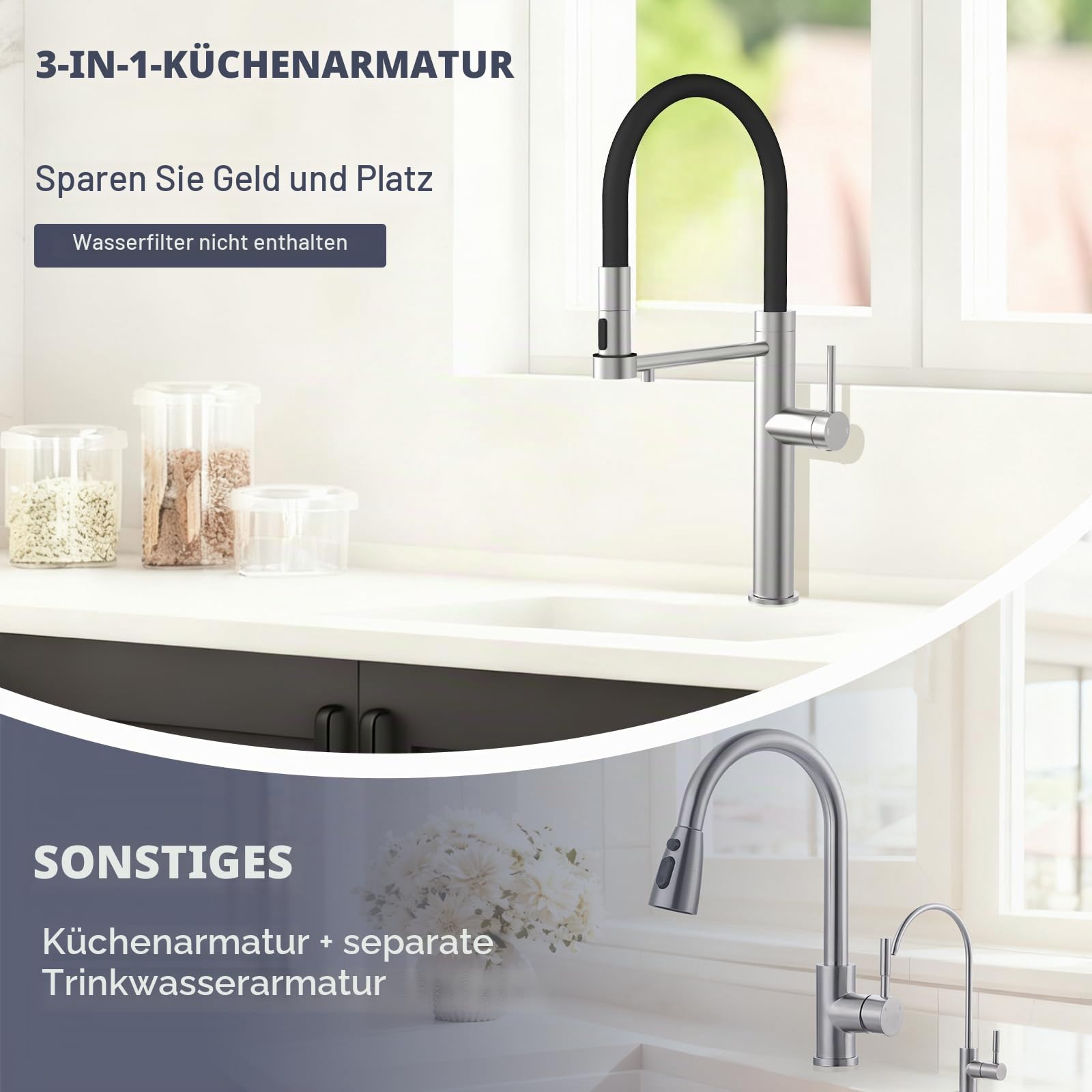3 Wege Wasserhahn Küche, Einhebel 3 in 1 Küchenarmatur für Wasserfilter | Tohlar Armatur Küche mit Herausziehbarer Brause, 3 in 1 Mischbatterie, 360°Drehbar Küchenarmatur, Edelstahl Gebürstet