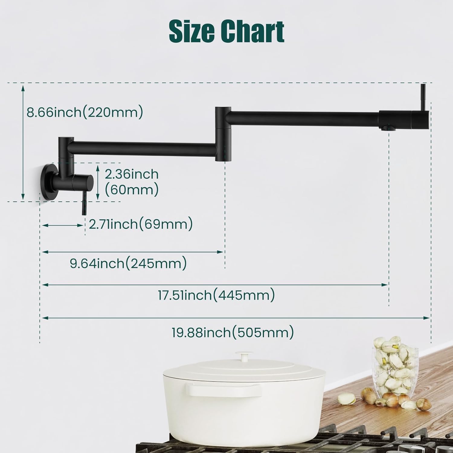 Heyalan Pot Filler 19 Inch Wall Mount Folding Stretchable Kitchen Restaurant Faucet Stainless Steel Pot Filler Double Joint Swing Arm Two Handles Commercial NPT,Straight Handle,Matte Black