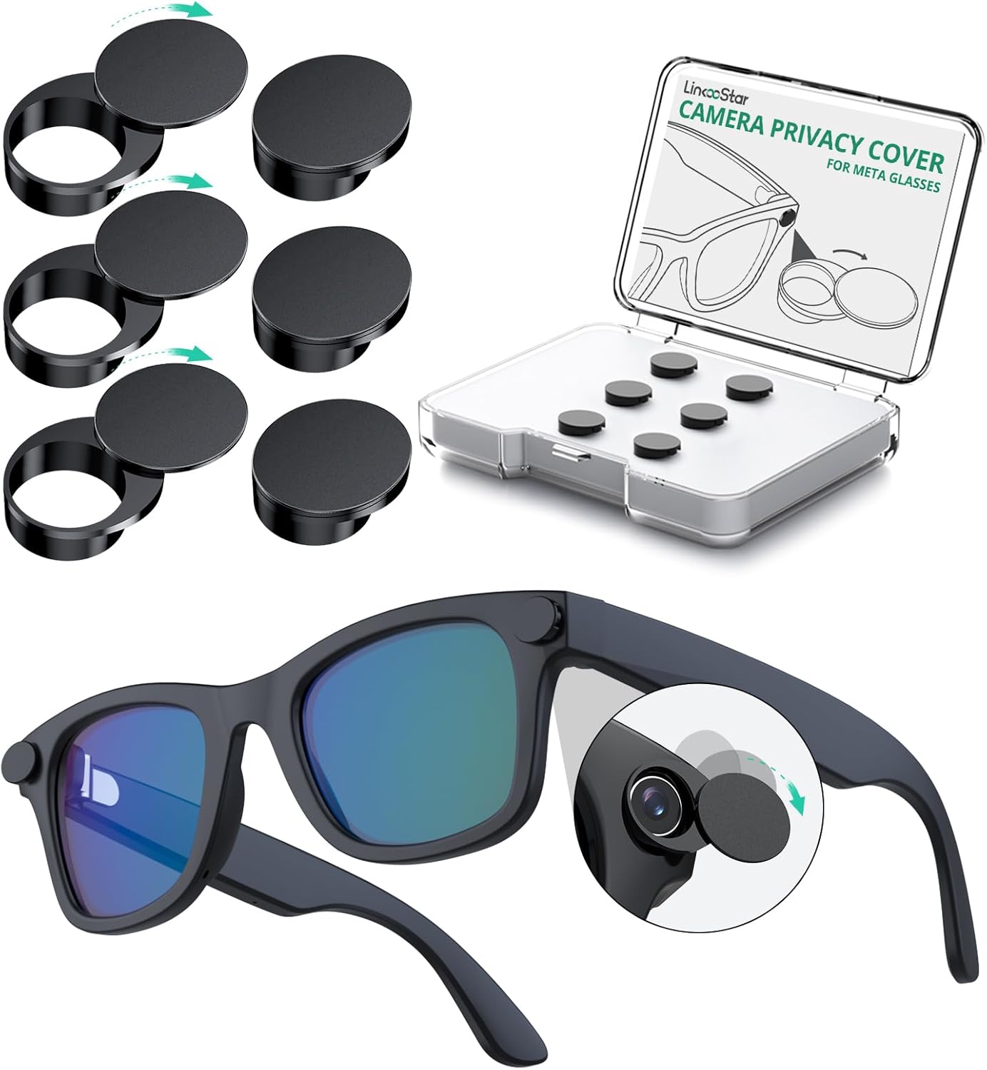 180°Rotating Webcam Cover for Ray-Ban Meta Gen 2 [6Pack], Plastic Light Cover for Wayfarer/Skyler/Headliner & Oakley Meta HSTN Smart Glasses Accessories, Reusable LED Light/Privacy Covers, [Black]