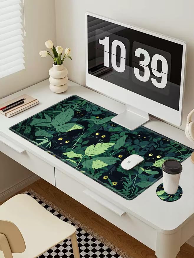 Image of Gaming Mouse Pad Black Cute Cat Desk Mat Large Mousepad 31.5''X15.75'' Desk Pad XXL Computer Mat Big Non-Slip Mouse Mat for Women Office Work Home
