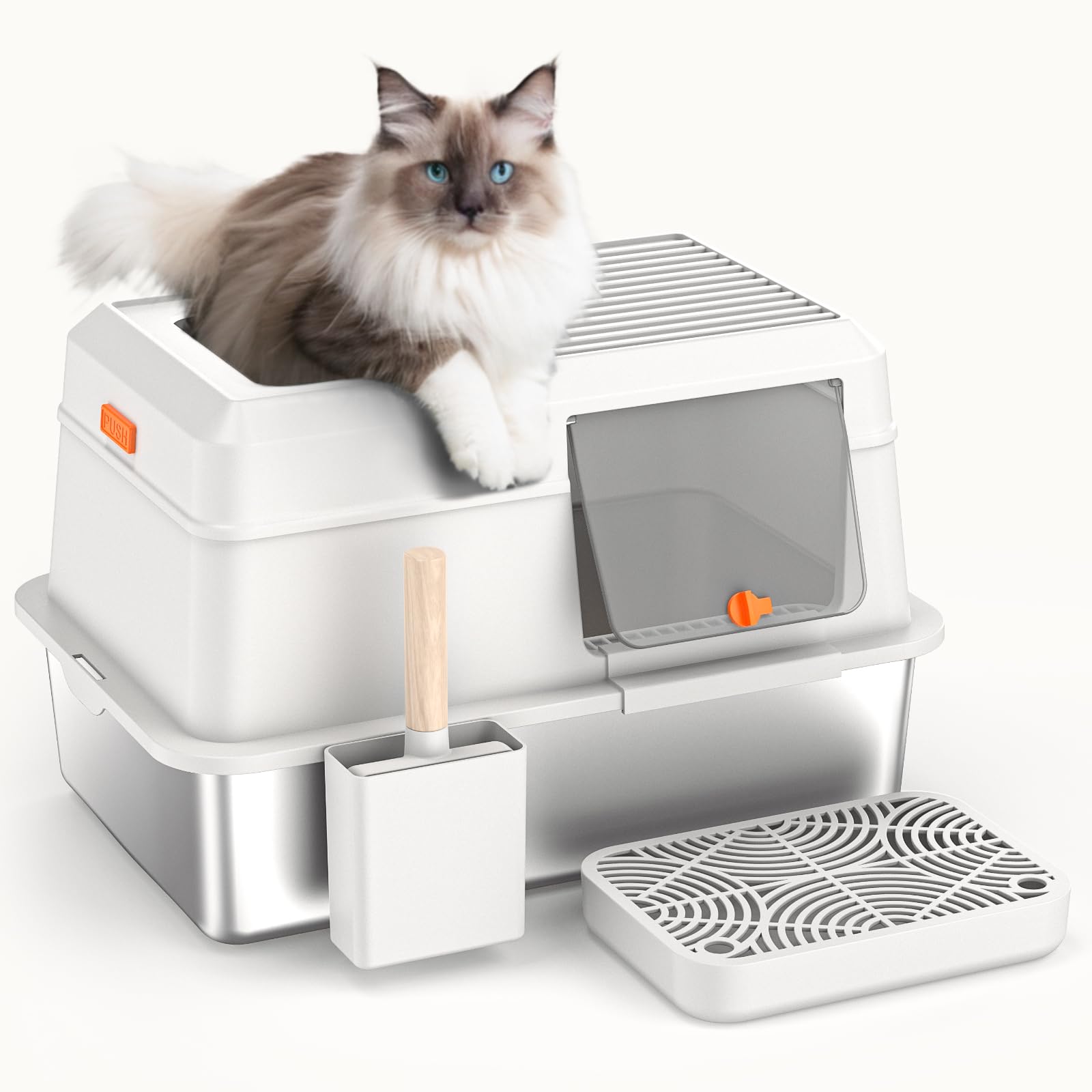 HTii-ë® Stainless Steel Cat Litter Box, Extra Large Litter Box for Cats, Enclosed Metal Kitty Litter Box with Litter Scooper, Odor-Urine-Proof, Non-Sticky, Easy Rinse Cleaning, Rectangle (White)