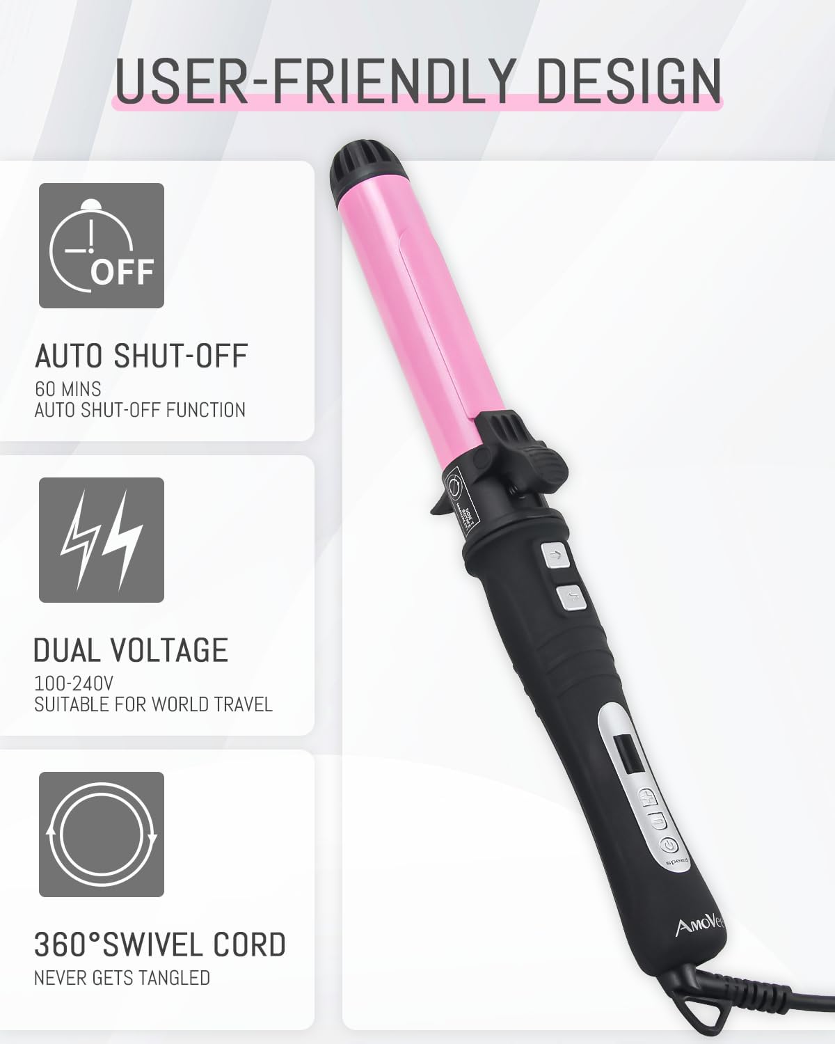 AmoVee Rotating Curling Iron, 1.25 Inch Auto Ceramic Curling Iron, Adjustable Temps 180 °F to 410 °F, Dual Voltage, A Valentines Day Gifts (Long Clip)