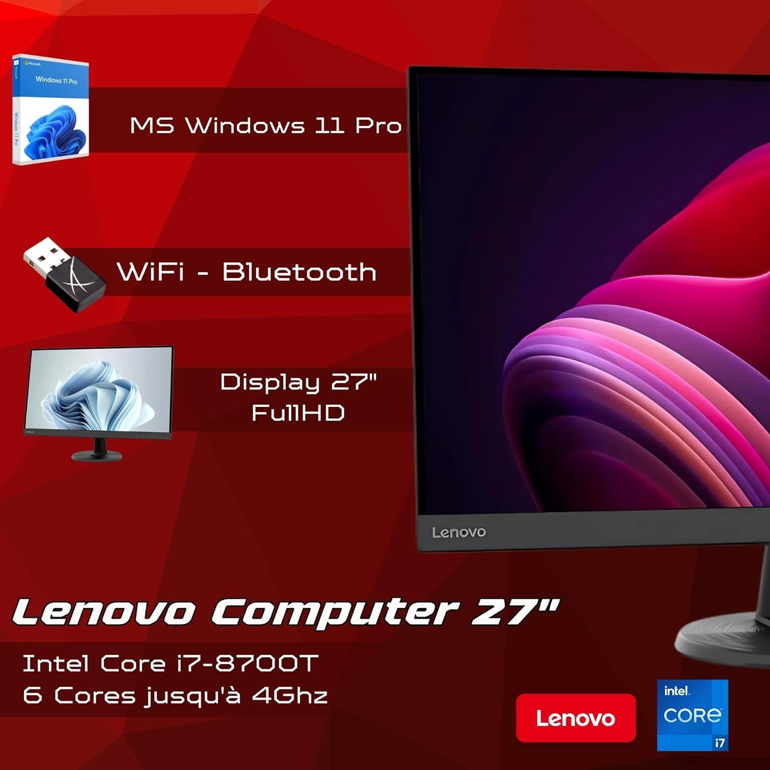 Lenovo Ordinateur 27 pouces Core i7 jusqu'à 4,00 GHz 32 Go Ram 512 Go SSD Win 11 Pro Office 2021 Pro DvD RW Garantie 36 mois