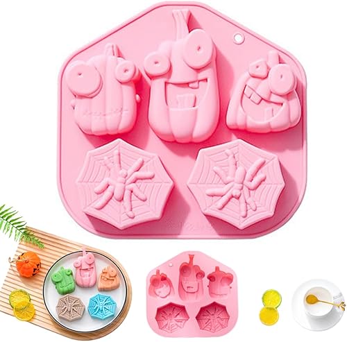 Miniatura 1 de KAISHANE 1 molde de chocolate de Halloween, molde de silicona de 5 cavidades, diferentes formas de calabazas de Halloween y telarañas, moldes de