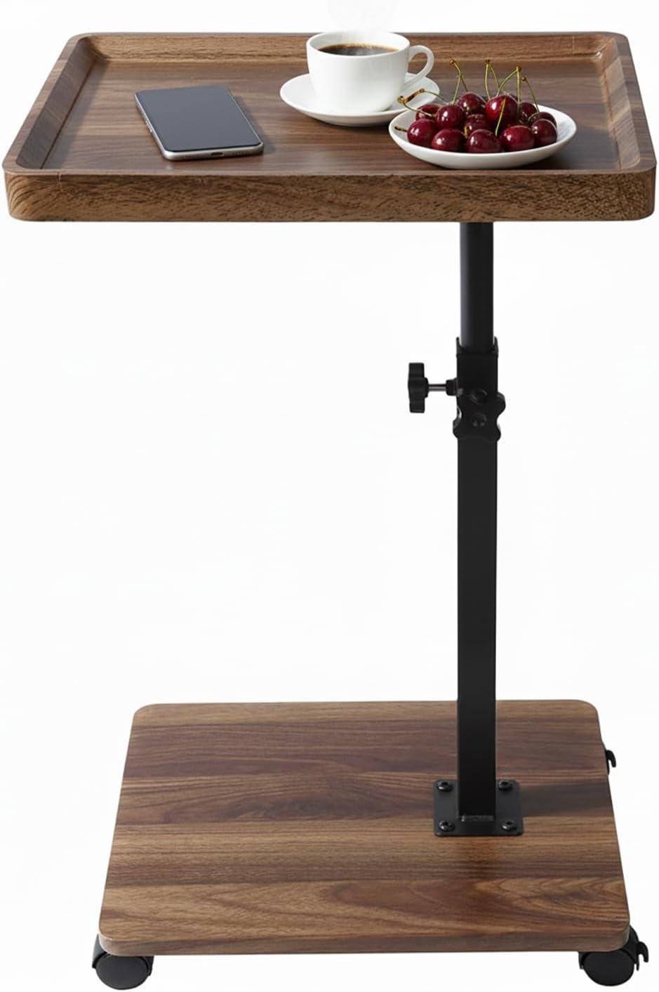 Tmore C Shaped Table,End Table Adjustable Height,Side Tables with Wheels for Living Room and Bedroom,Natural Wood Top & 360°Swivel Side Table for Small Spaces(Coffee)