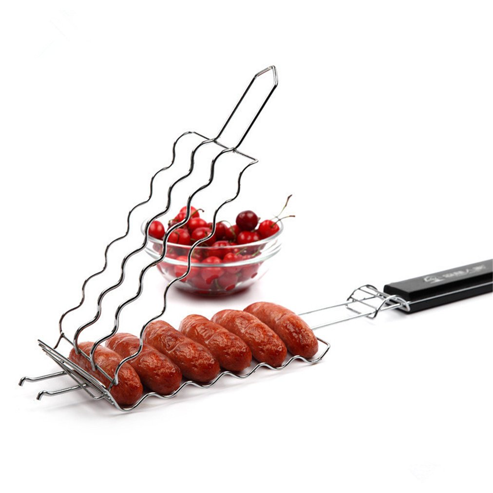 Grill kosz do grillowania ze stali nierdzewnej narzędzie do pieczenia z drewnianym uchwytem