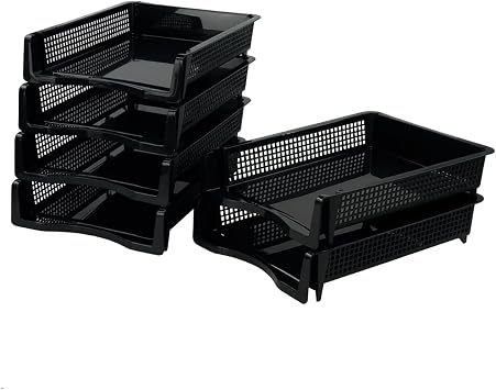 6-Pack Black Plastic Stackable Office Letter Organizer Desk Tray | Open Mesh Ventilated Design, Stackable Structure, Sturdy Black Plastic, Ideal For Office Desktop File & Document Storage