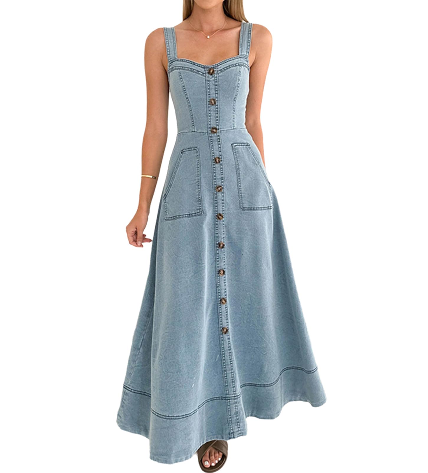 Xusai Women's Light Blue ,S, Sexy Sleeveless Spaghetti Strap Denim Maxi Dress Casual Distressed Long Flowy Jean Dress Summer Sundresses