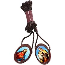 Catholica Shop Wood Scapulars with Brown Cord with Sacred Heart of Jesus & Our Lady of Mount Carmel Medals. Escapularios Catolicos. Devotional Religious Necklace - Pack of 6