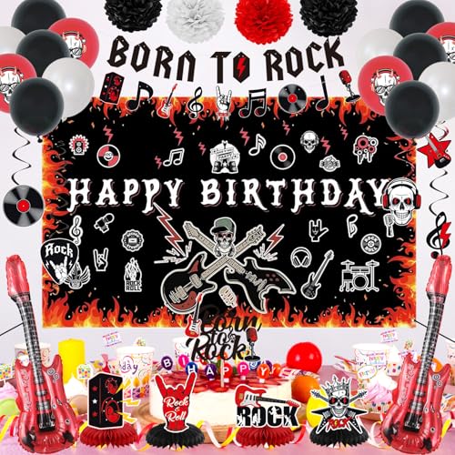 Image of Crenics Rock and Roll Birthday Party Decorations, Happy Birthday Backdrop | Born to Rock Banner, Swirls, Honeycomb, Paper Pom Poms and Balloons for Star Music Rock and Roll Decorations
