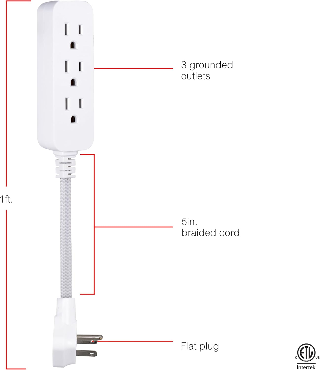 GE 3-Outlet Power Strip 5 Inch Braided Extension Cord with Multiple Outlets Grounded Flat Plug ETL Listed White 45190