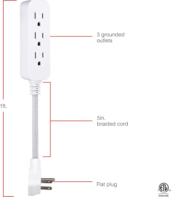 GE 3-Outlet Power Strip Surge Protector 5 Inch Braided Extension Cord with Multiple Outlets Grounded Flat Plug ETL Listed White 45190