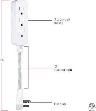 GE 3-Outlet Power Strip Surge Protector 5 Inch Braided Extension Cord with Multiple Outlets Grounded Flat Plug ETL Listed White 45190