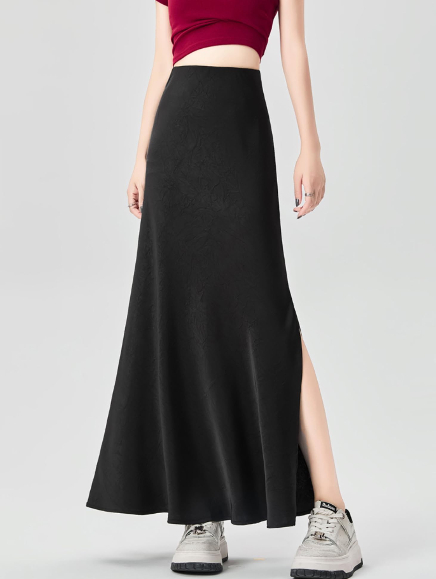 Jupe Longue Fendue Latérale Pour Femmes Taille Élastique Coupe Ajustée Hanche Léger Décontracté Ourlet Fluide Satin Jupes Trapèze