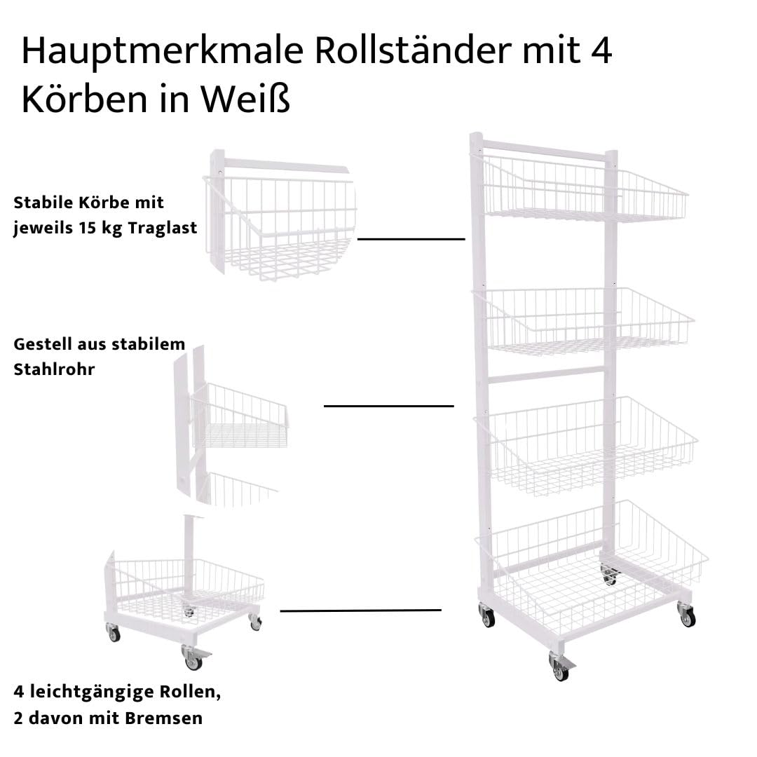Dila GmbH Verkaufsständer rollbar mit 4 Körben, Rollständer Stapelkorb weiß lackiert, rollbarer Wühlkorb Warenständer Gitterständer aus robustem Stahlrohr, Belastbarkeit einzelner Korb 15 kg