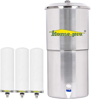 Home-Pro - Gravity Water Filter and Purifier | 24 Liters Total Capacity (12L Bottom & 12L Top) Made with Stainless Steel | Includes 3 Creamic Long Candle and Food Grade Plastic Tape