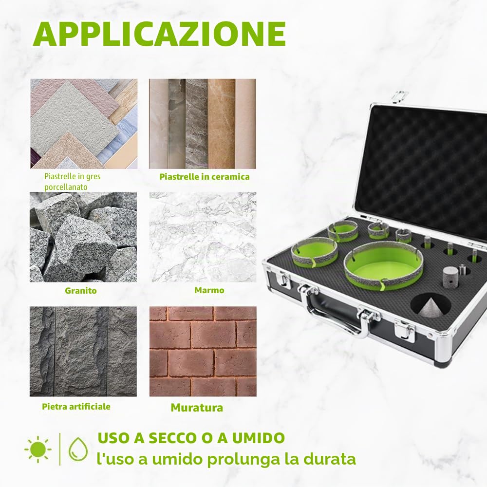 Fresa Diamantata 6/8/10/25/35/50/68/110MM Punte Trapano Diamantate 11 Pezzi con Alluminio Scatola e 20mm and 50mm Fresa e Adattatore per Porcellana Piastrella Granito Marmo Taglio a Secco
