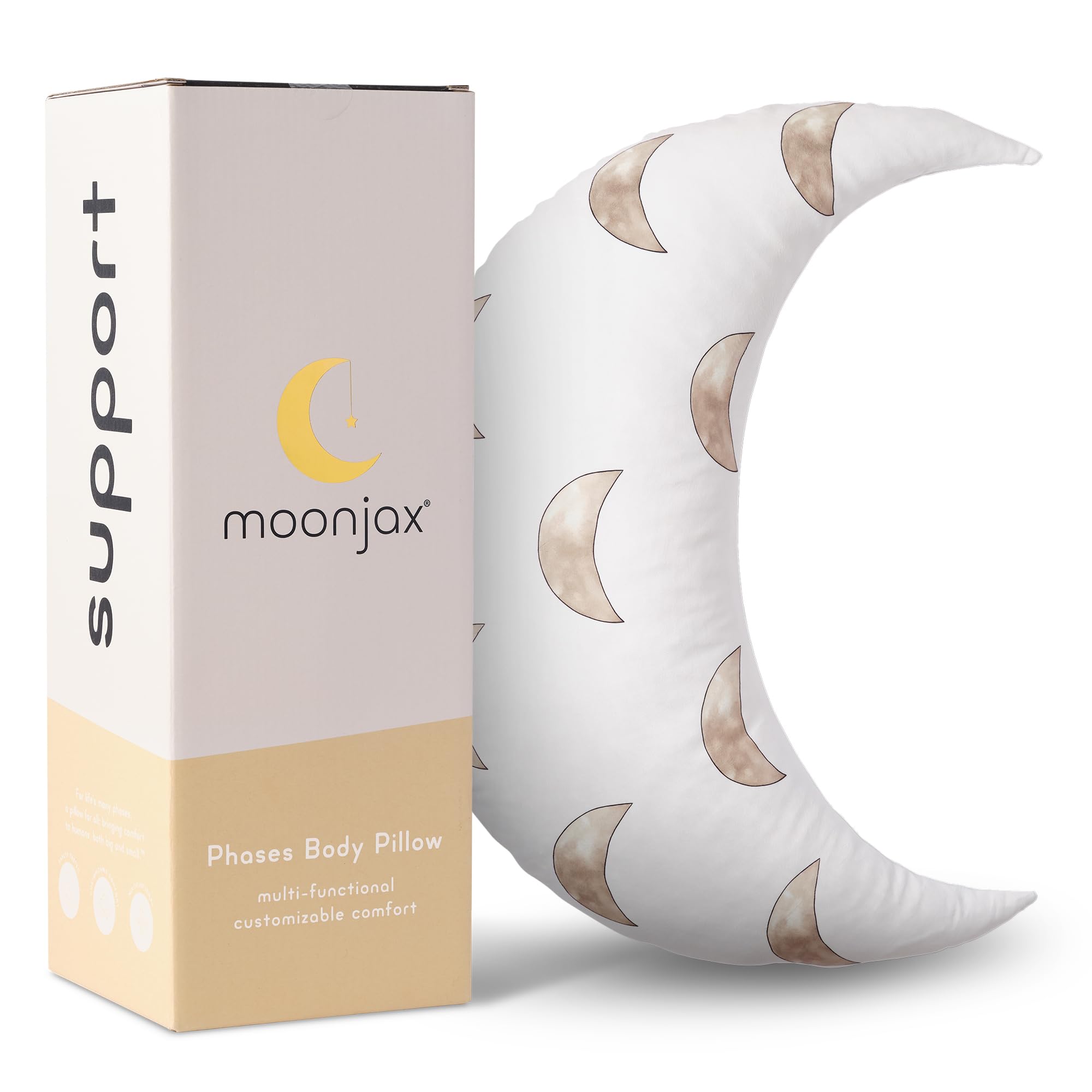 MoonjaxPhases Body Moon Pillow, Shredded Foam and Polyester Crescent Pillow, Extra Soft Pillow for Baby and Toddlers, 27.5(L) x 9.5(W) inches, Moons