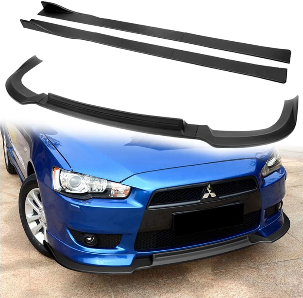 Q1-TECH, 9-Piece Front Bumper Body Kit Lip & Side Skirt Extensions Diffuser Set Compatible with 2008-2015 Mitsubishi Lancer, Front Lip Spoiler Air Chin Body Kit Splitter ABS, Unpainted Matt Black