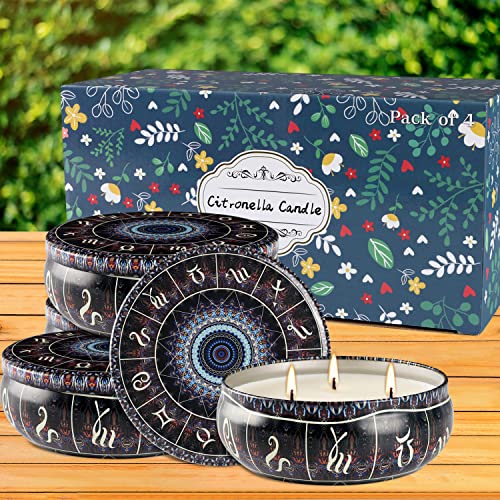 Large Citronella Candles Outdoor, 3 Wicks 14.5 Oz Scented Candle Set For Home Patio, Garden Balcony Camping Bbq, 240Hr Long Lasting, Decorative Travel Tin, Natural Soy Wax Jar Candles - 4 Pack #TOP7