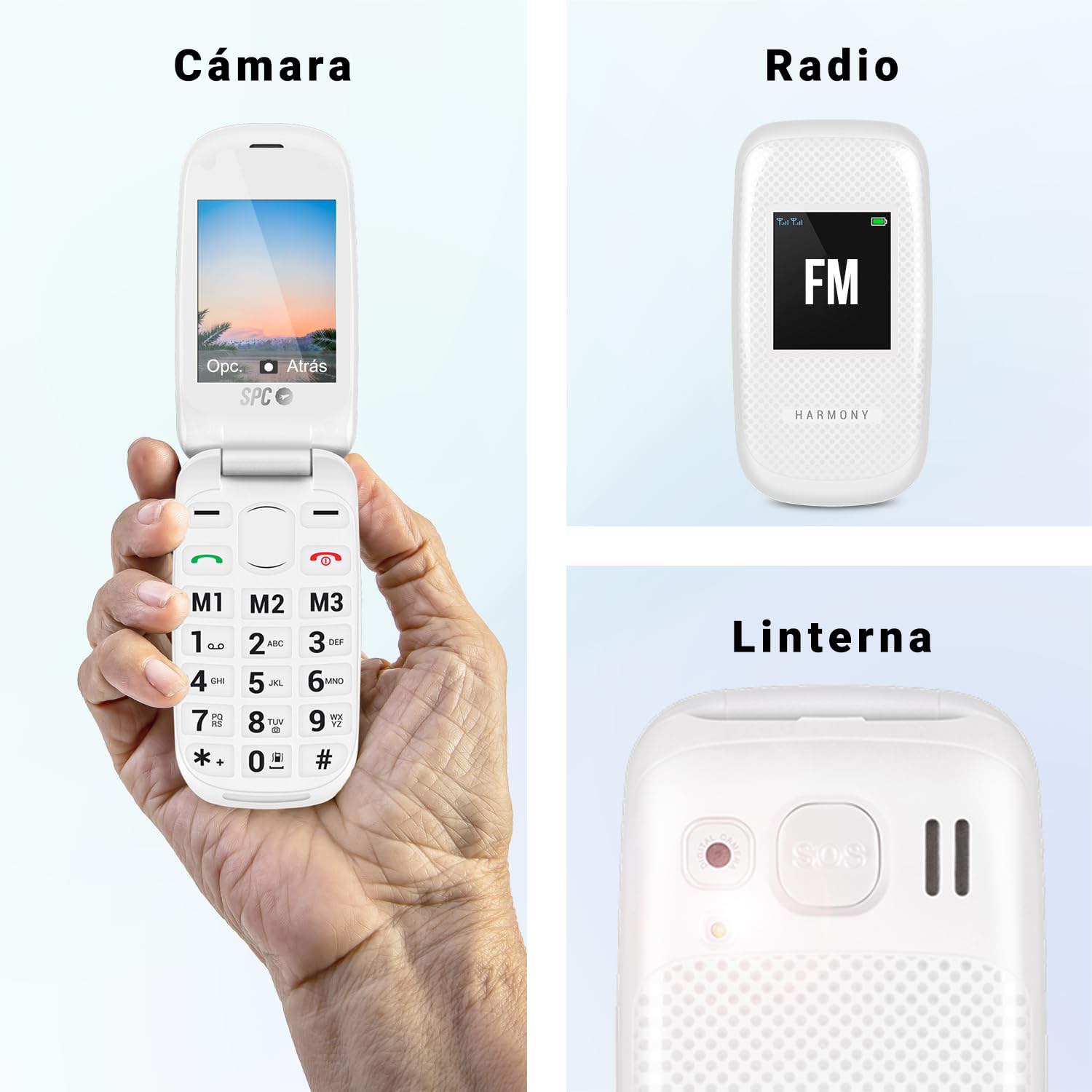 SPC Harmony - Teléfono móvil para personas mayores, móviles con tapa, teclas grandes, volumen alto 96dB, compatible con audífonos, contactos con imagen, botón SOS, doble pantalla (2,4”+1,77”) - Blanco
