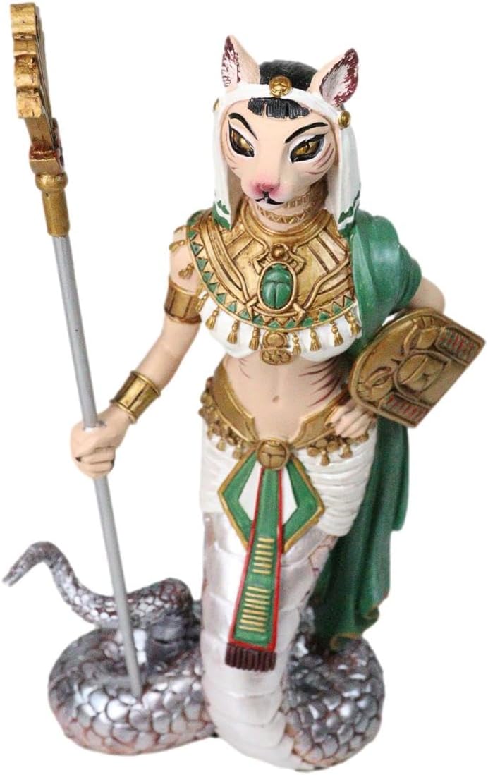 Ebros 11"H Egyptian Feline Goddess Bastet Cat With Slain Snake Apep Tail Holding Spear & Shield Statue 11"H Ubasti Bast Patron Of Protection Health Home Harvest Gods Of Egypt Figurine (Vivid Colors)