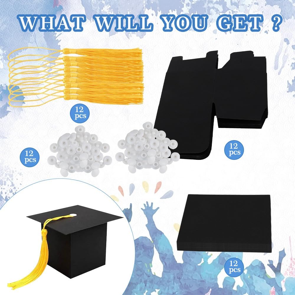 12 PCS Black Graduation Cap Boxes with Gold Tassel for Candy Snack Goodie Treat Gift Wrap Graduation Party Favors Supplies Decorations Class of 2026 Photo Props Backdrop Grad Bags Baggies Pouches