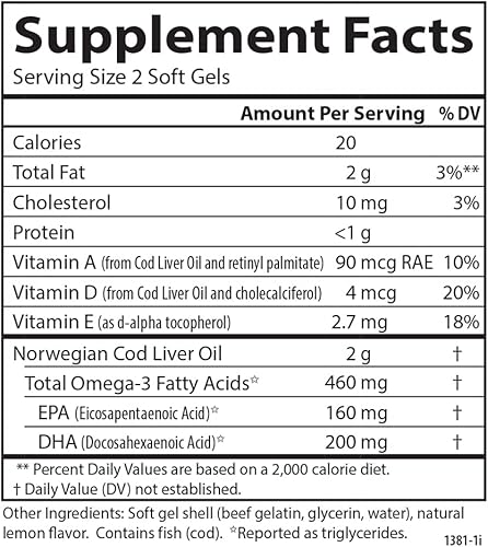 Miniatura 4 de Carlson - Gemas de aceite de hígado de bacalao, 460 mg de omega-3 + vitaminas A y D3, aceite de hígado de bacalao ártico noruego capturado en la