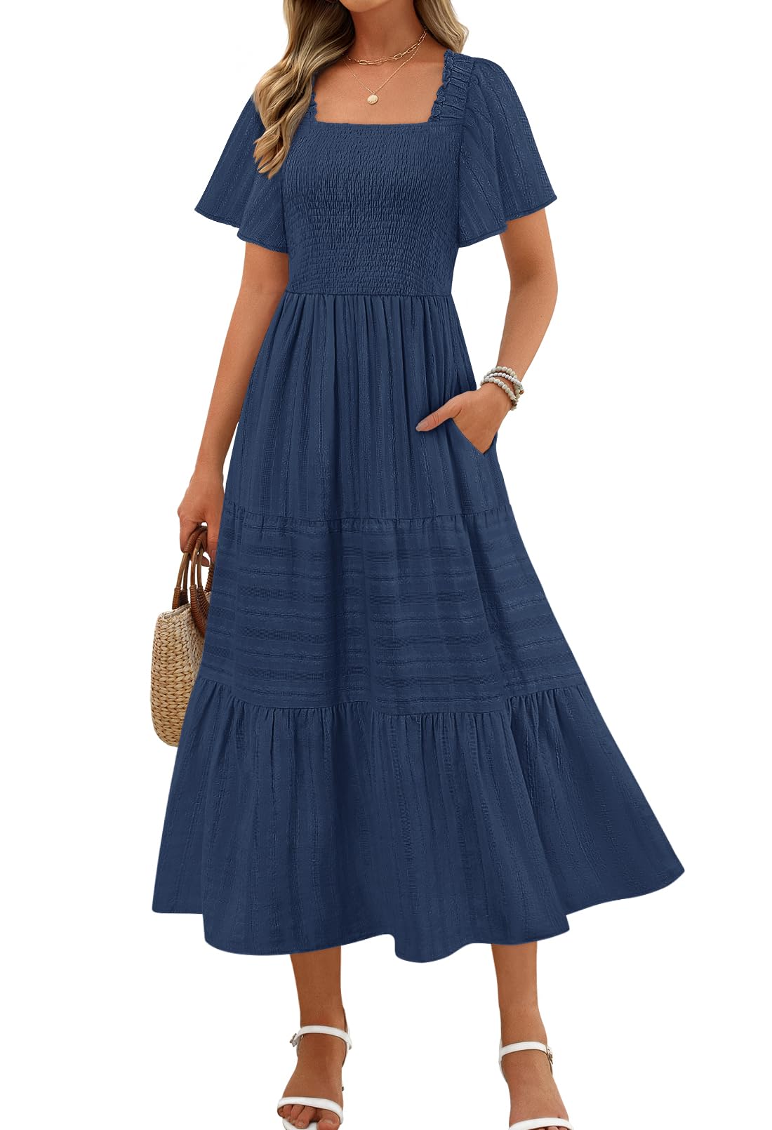 MEROKEETY Women's 2025 Summer Flowy Midi Maxi Dress Short Sleeve Square Neck Smocked Tiered Ruffle Boho Dresses with Pockets