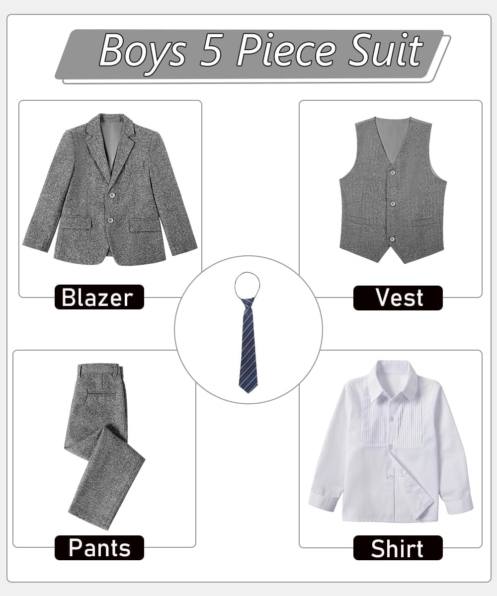 Boys Tweed Herringbone Suits 5 Pcs Boy Retro Tweed Suit for Wedding