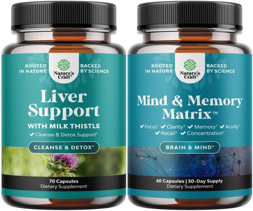Bundle of Liver Cleanse Detox & Repair - Herbal Liver Support with Silymarin, Beetroot & Artichoke and Nootropic Brain Supplement - Mental Health & Clarity - VIT A B6 Riboflavin Niacin Thiamin Folate