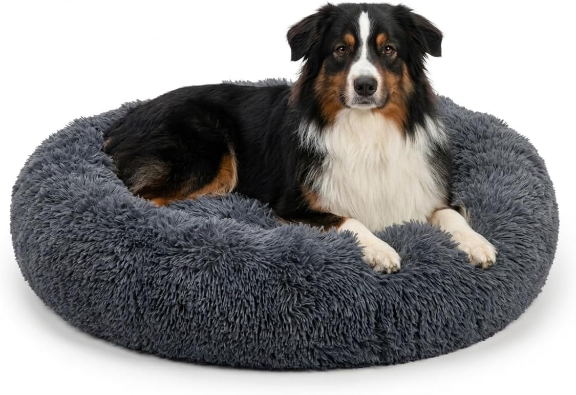 Active Pets Premium Large Donut Dog Bed, Fits Up to 100 lbs, Removable Cover & Washable Cushion, Plush Long Pile Faux Fur Fabric, Portable Dark Grey Pet Bed Furniture for Big Adult Canines & Cats