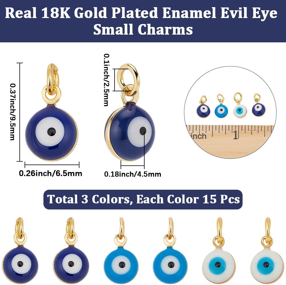 Beebeecraft 45Pcs 3 Colors Evil Eye Charms Enamel Blue 18K Gold Plated Turkish Evil Eye Charm for Jewelry Making Good Luck Bracelet Necklace, Tiny 6.5mm Round - Image 2