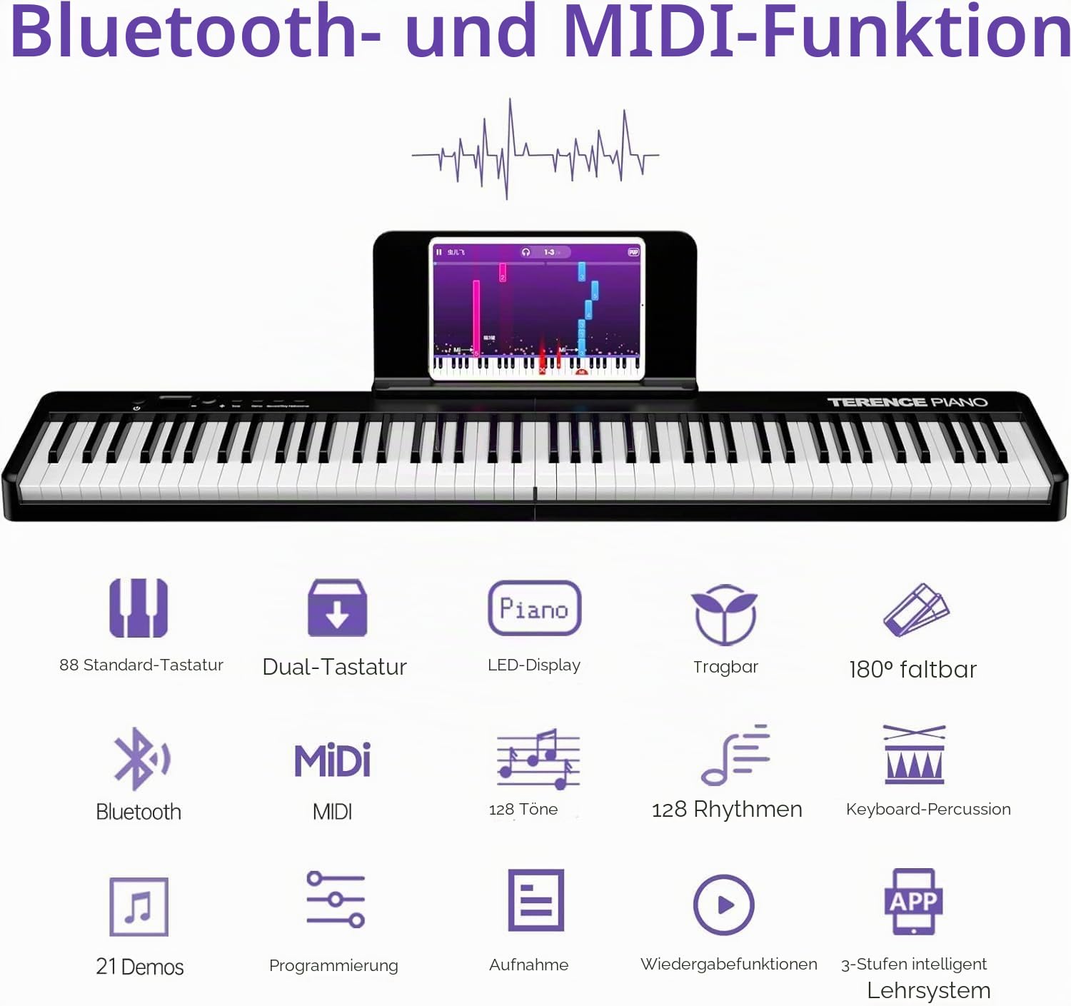 TERENCE E-Piano 88 Tasten faltbar halbgew. BT/MIDI 1800mAh | Keyboard Piano Inkl. Pedal, Notenständer, Audiokabel. 8h Akku. Perfekt für Anfänger, Zuhause oder unterwegs