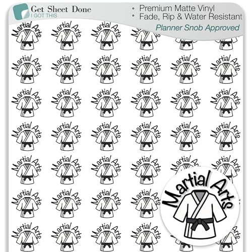 Martial Arts Planner Stickers, 54 Matte Vinyl Decals, ½ Inch Small, Smudge-Proof and Weather-Resistant, for Karate and Jiu-Jitsu Activity Tracking, Bullet Journaling, Sports (3 Sheets)