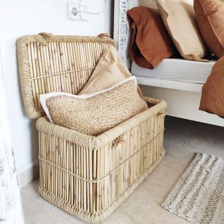 Image of Toys Storage Box With Lid & Handle | Storage Box For Kids Clothes | Large Wooden Storage Box | Toys and Books Organizer With Sitting Space (Handmade Bamboo Cane Wood- Eco Friendly)