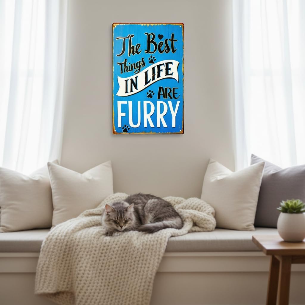 The Best Things in Life Are Furry Vintage Metal Sign, Wall Plaque Decor for Pet Lovers (Dark Blue) image 5