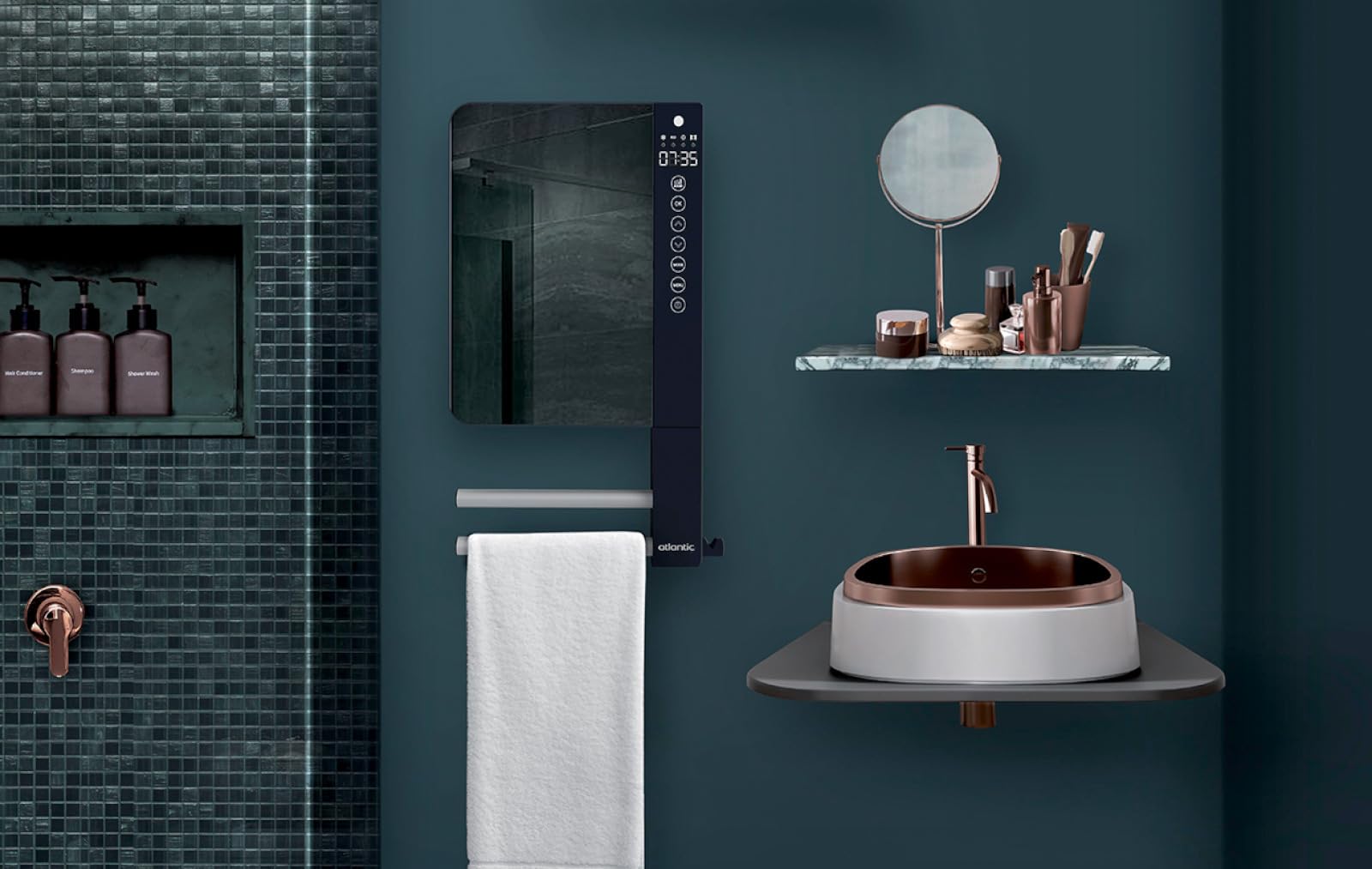 Atlantic, Sèche-serviettes soufflant noir 2 barres 1800W (800W+1000W) TELIA, un format mini pour un maximum de fonctionnalités, Boitier de commande à hauteur et touches tactiles