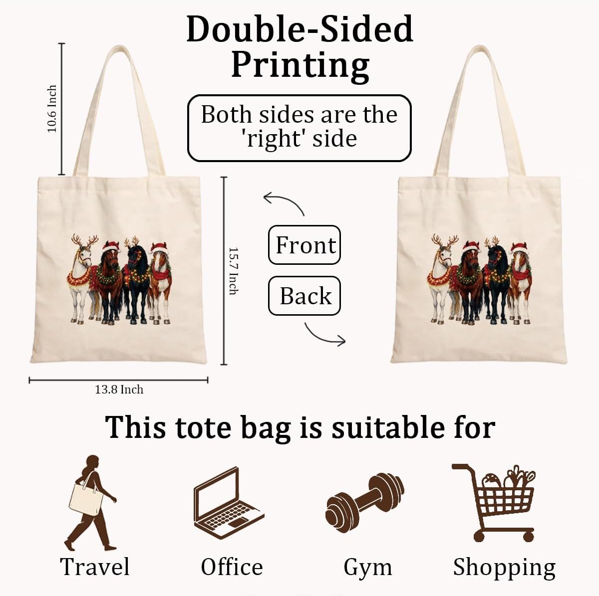 Christmas Horse Tote Bag, Festive Canvas Bag, Gift for Horse Lovers image 4