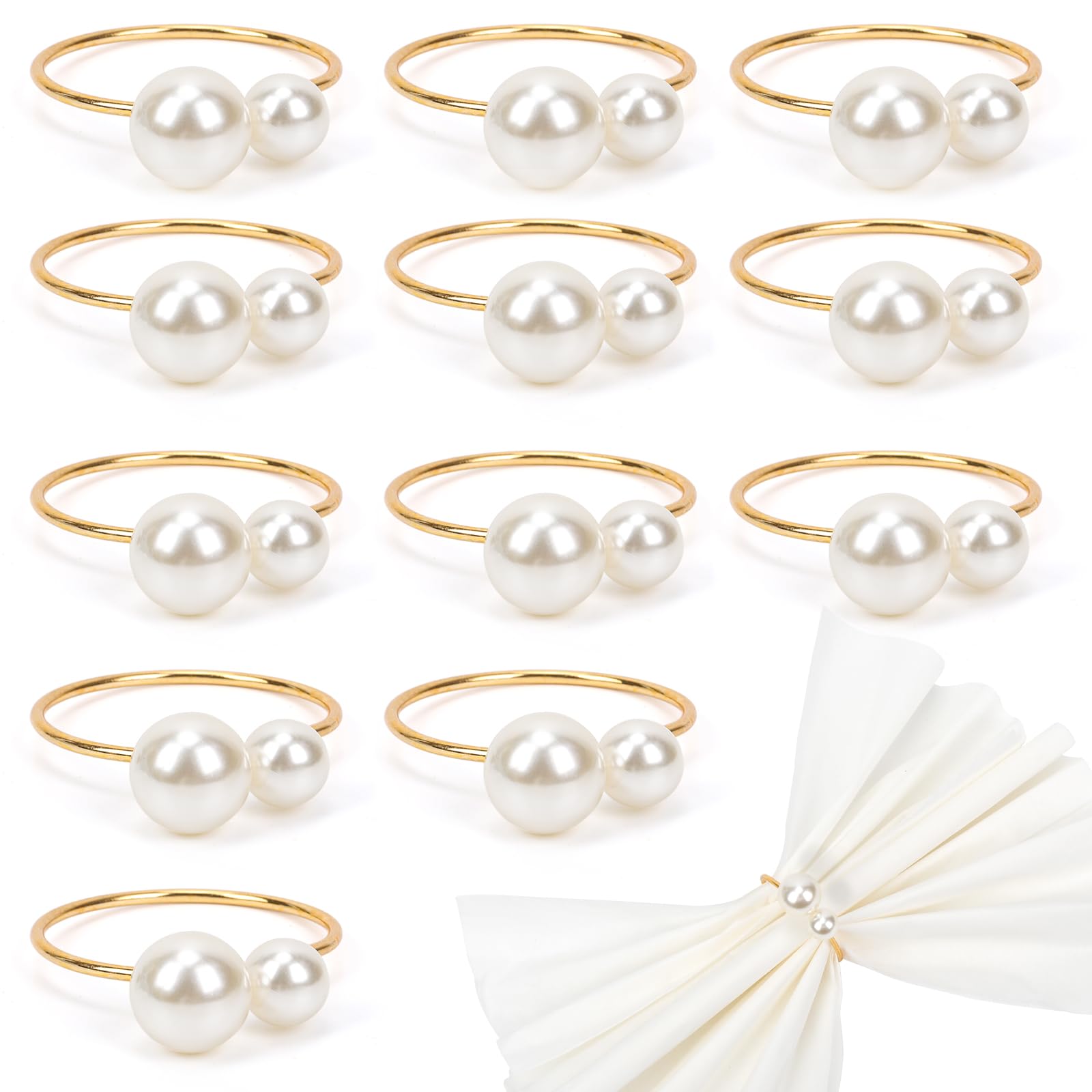 Bituinra Gold Pearl Napkin Rings Set of 12, Elegantly Holds and Secures The Napkin in Place for Family Gathering, Business Dinner, Party Dinner, Christmas, Easter, Thanksgiving Day, Wedding.