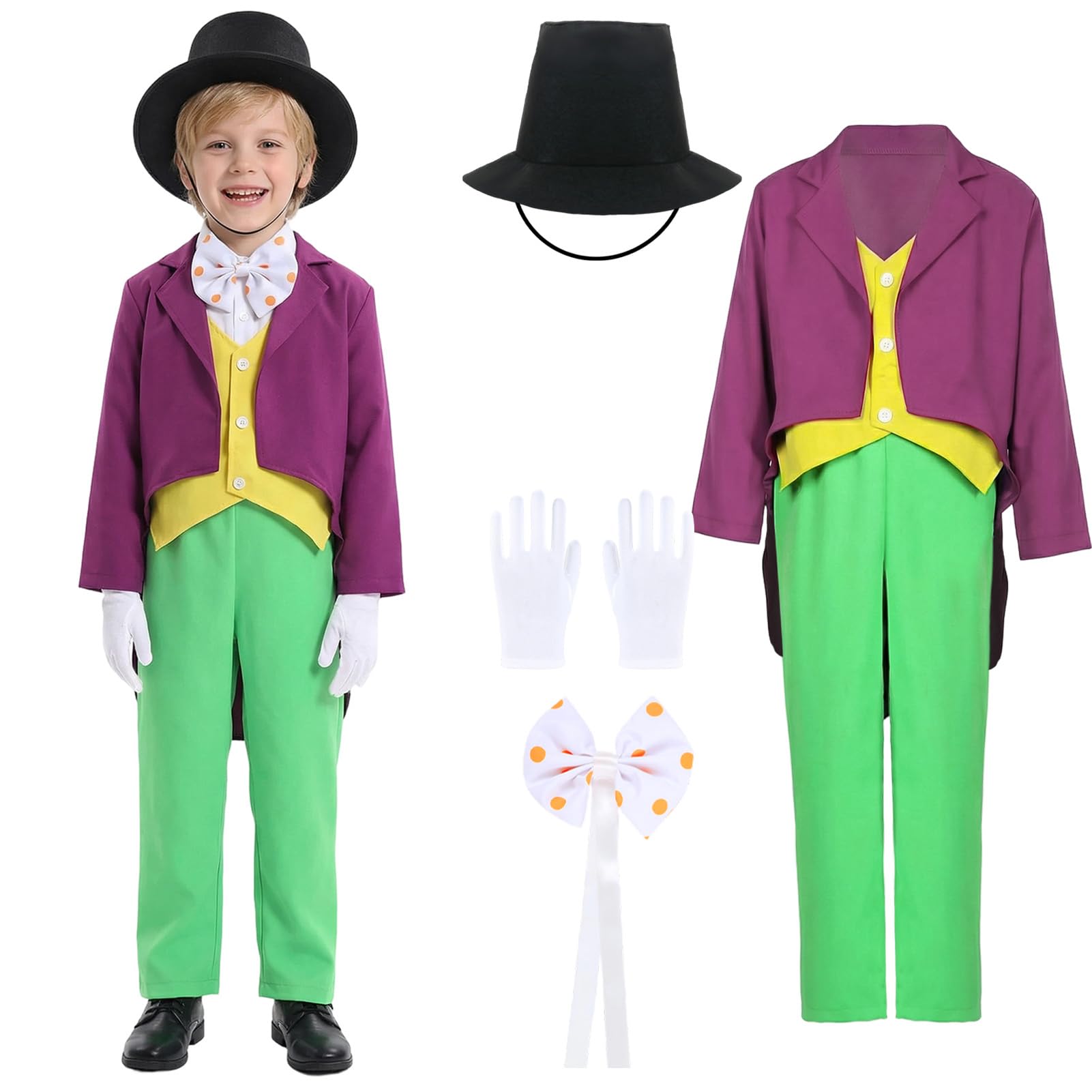Meriviva Kids World Book Day Costumes Boys, Chocolate Factory Costume with Jacket Trousers Top Hat Bow Tie Gloves, Boys Fancy Dress Costumes for World Book Day (S)