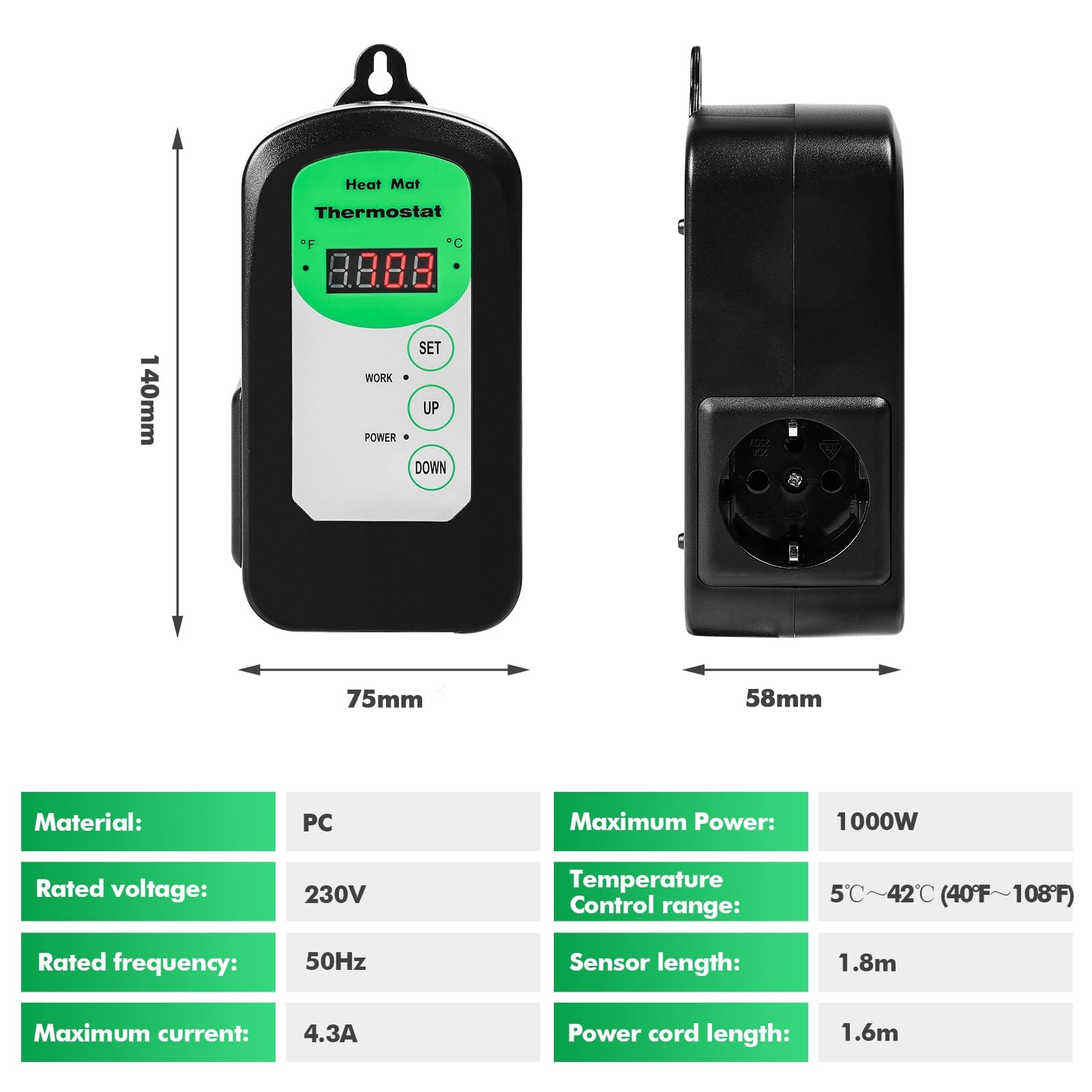 Jadeshay Termostato Per Rettili E Termostato Terrario Digitale Con Sonda Impermeabile 1.8m Controllo Temperatura 5-42℃ Presa EU 230V 1000W Per Semenzai Serre Tartarughe E Allevamento Rettili