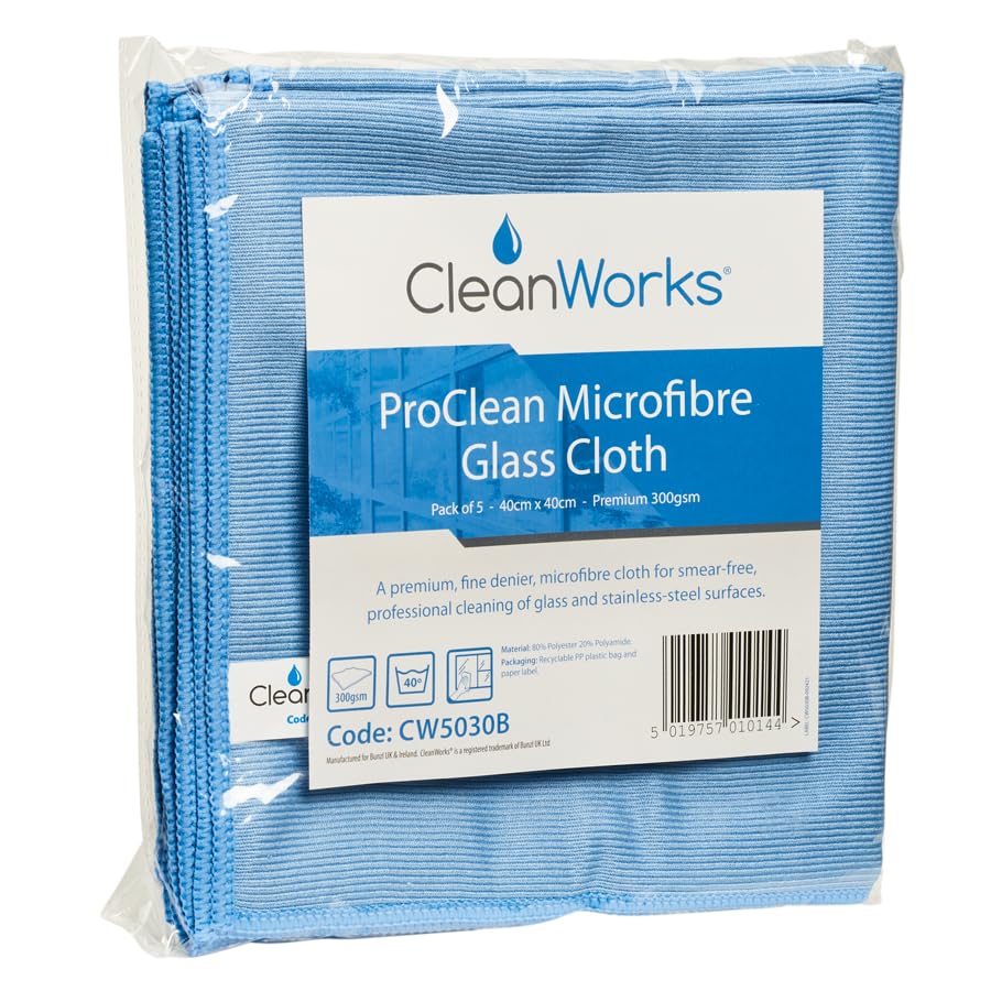 CleanWorks ProClean Microfibre Glass Cleaning Cloth, Ultra-Fine, Smear-Free Glass, Mirror and Stainless Steel Cleaning, Reuseable, Washable (Pack of 5)