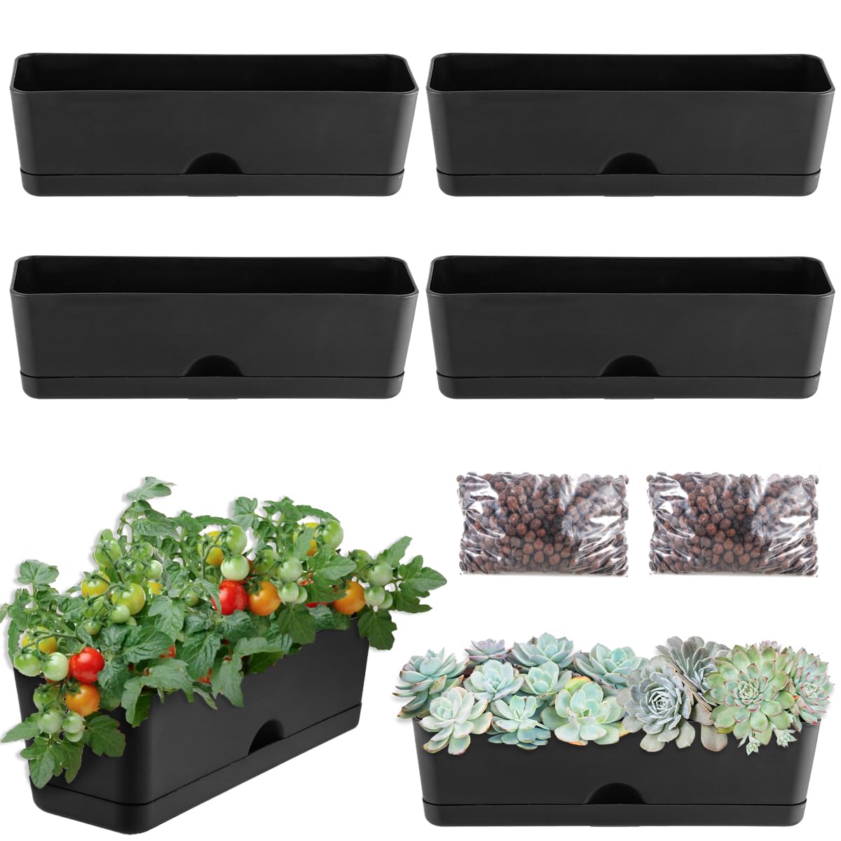 6 Pack Rectangle Planter 16x4.4 Inch Window Boxes Planters Rectangular Large Window Sill Planters Indoor Self Watering Plant Pots with Drainage Holes and Saucers Succulent Herb Flower Pots, Black